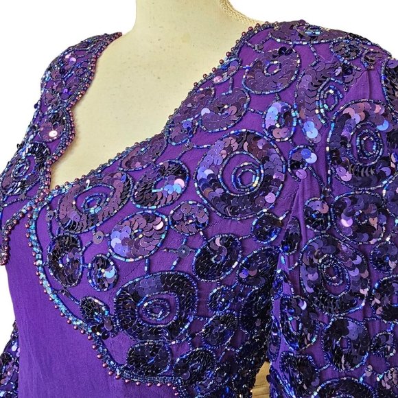 Vintage 80s Purple Silk Beaded Cocktail Dress Longsleeve - Picture 4 of 12